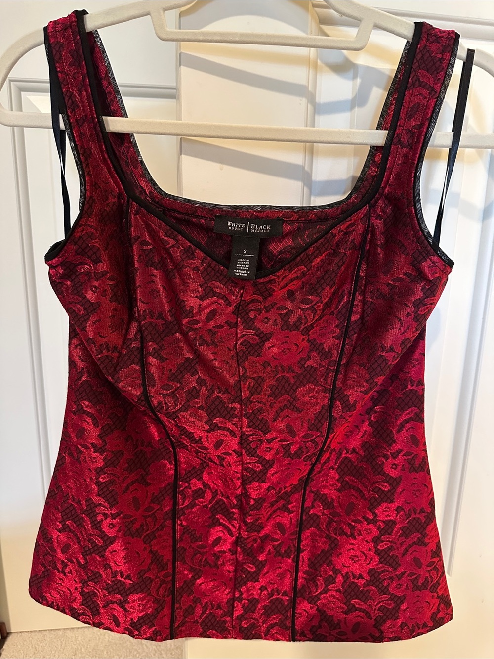 White House Black Market Red and Black Lace pattern Tank Top